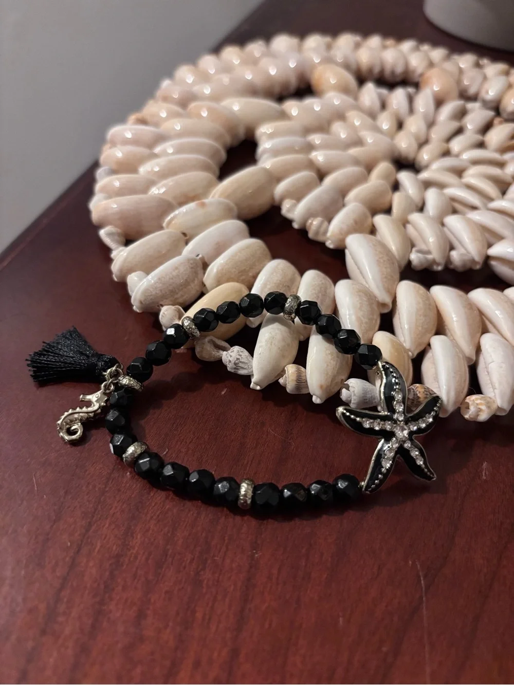 Black Beaded Starfish/Seahorse  Charm Bracelet with Tassel
